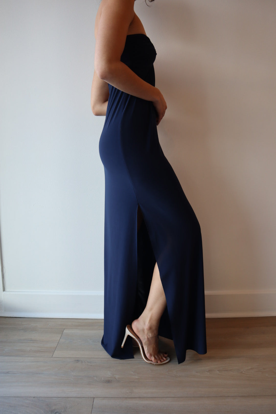 Karine Strapless Dress side view showing slit in side of dress