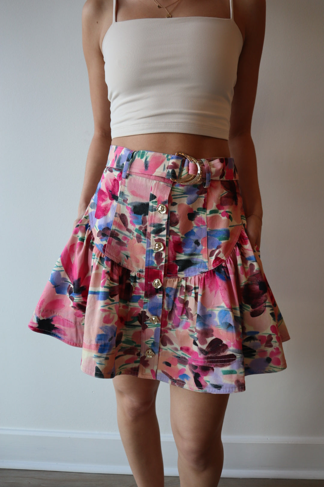 Isla Print Denim Skirt front view close up