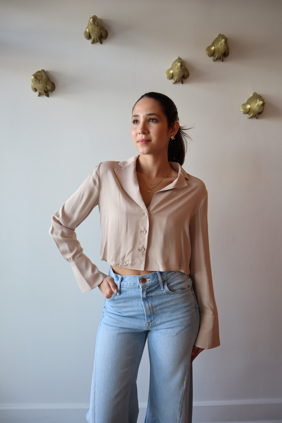 The Cropped Lily Top in Dusty Pink close up front view