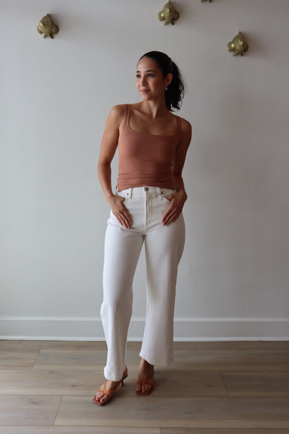 Scoop Ribbed Tank in Mocha full body front view
