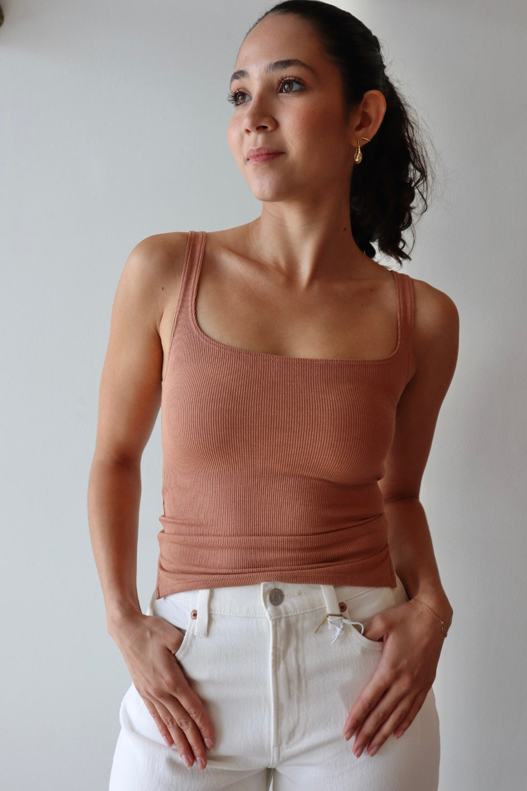 Scoop Ribbed Tank in Mocha close up front view