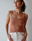Scoop Ribbed Tank in Mocha close up front view