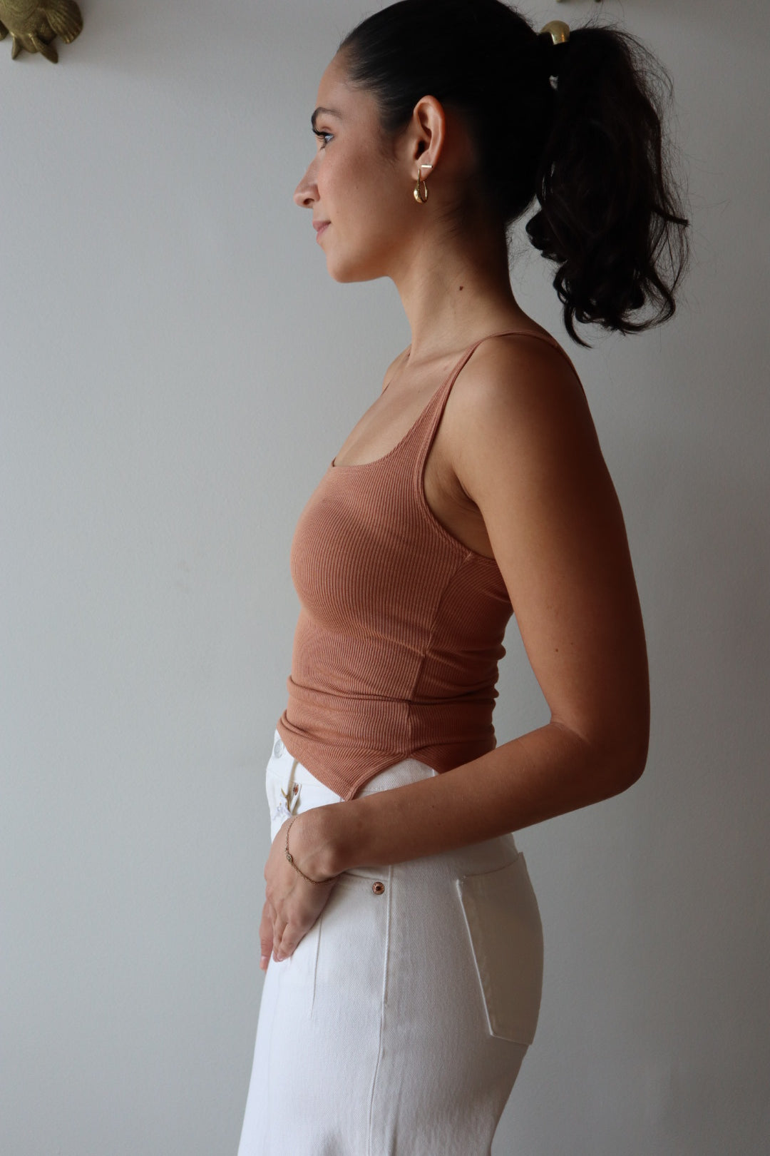 Scoop Ribbed Tank in Mocha close up side view