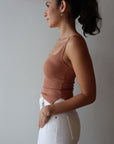 Scoop Ribbed Tank in Mocha close up side view