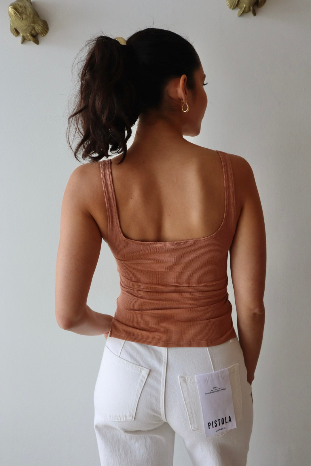 Scoop Ribbed Tank in Mocha close up back view