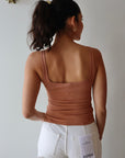 Scoop Ribbed Tank in Mocha close up back view