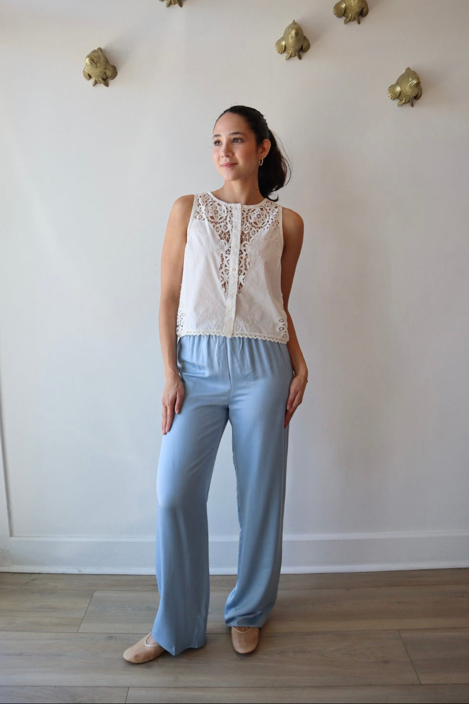 The Everything Pant in Sea Blue full body front view