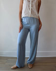 The Everything Pant in Sea Blue close up front view