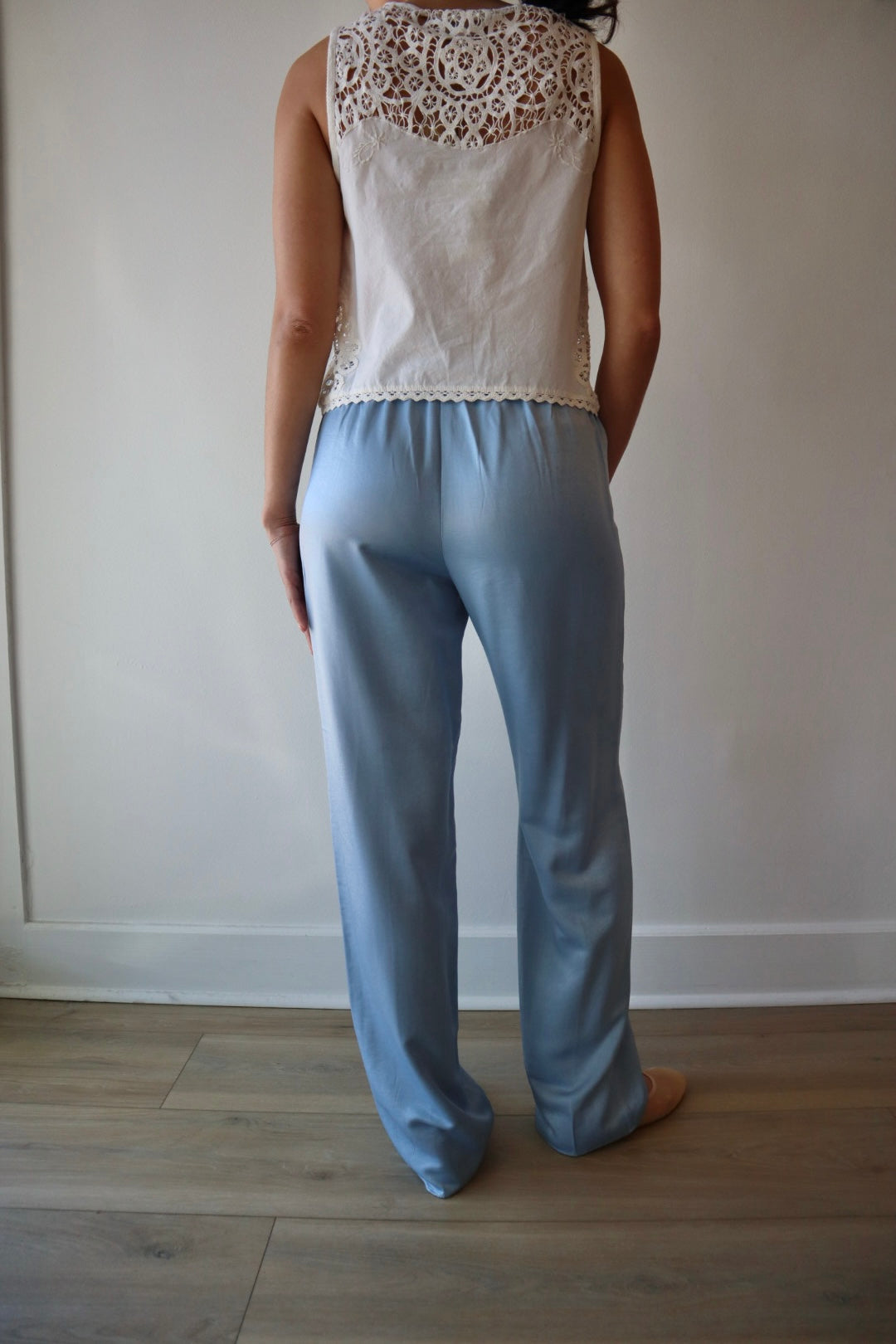 The Everything Pant in Sea Blue close up back view