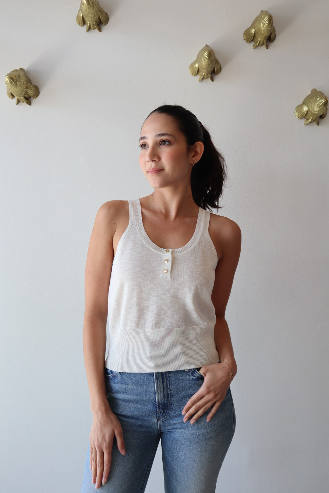 Zaya Knit Tank in White close up front view