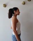 Zaya Knit Tank in White close up side view