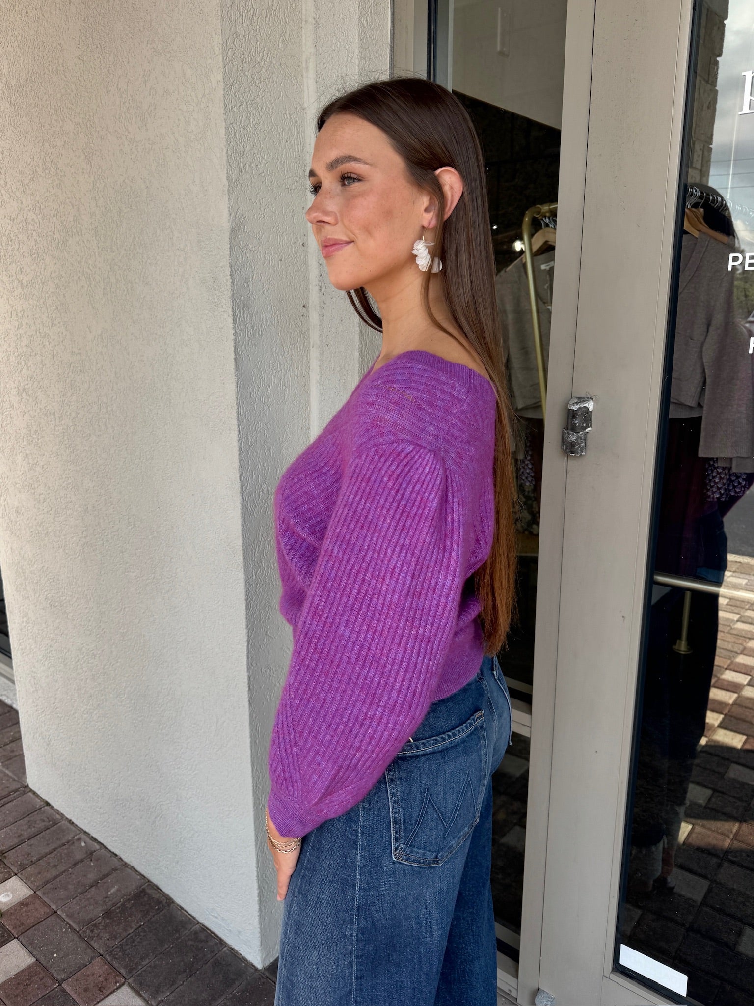 Pollen Reversible Sweater side view, buttons in front