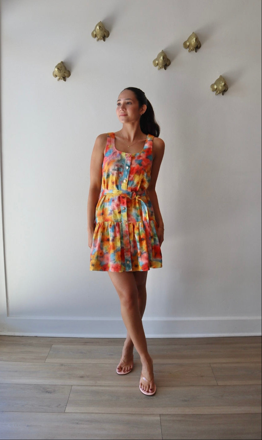 June Print Mini Dress full body front view on model
