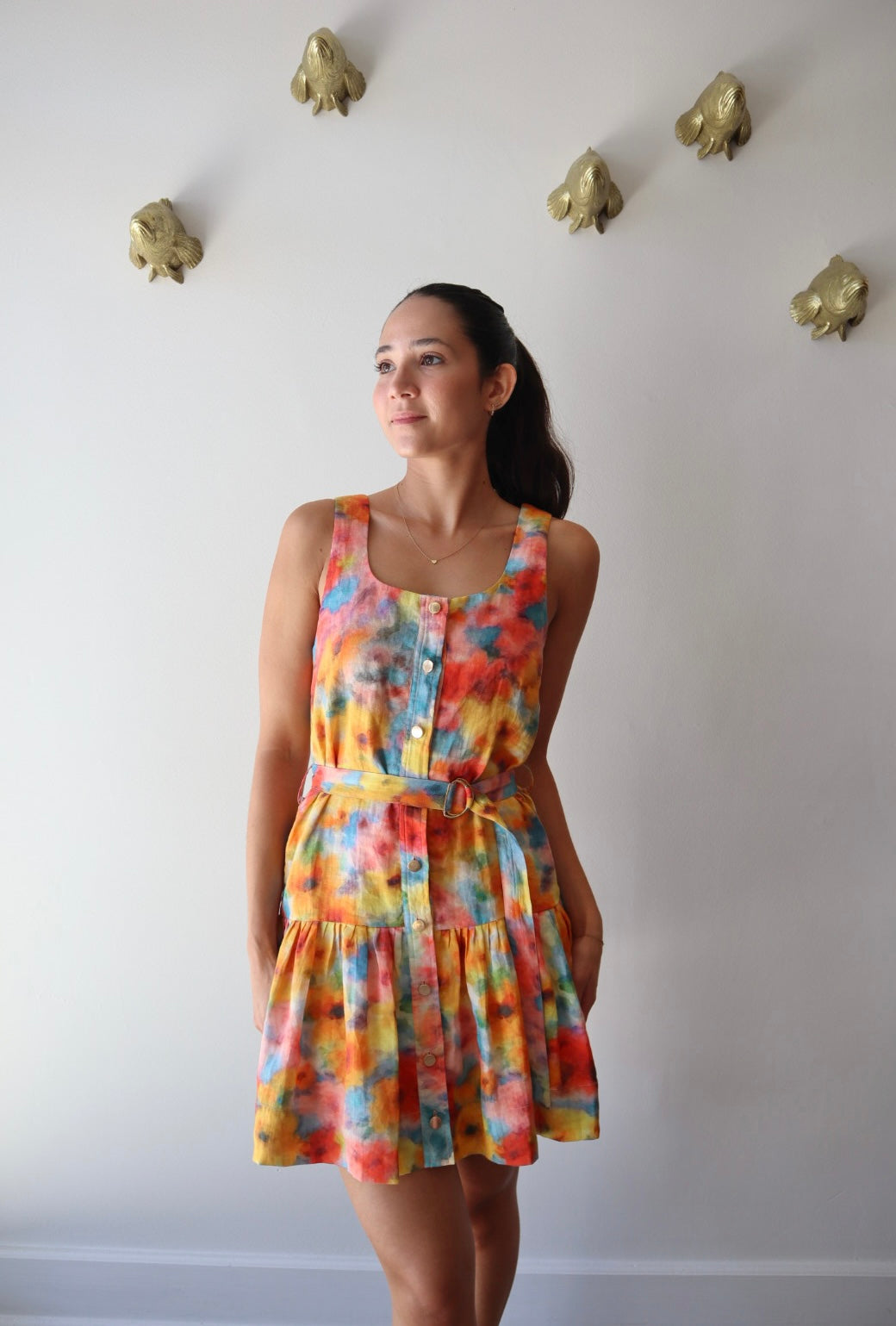 June Print Mini Dress close up front view on model