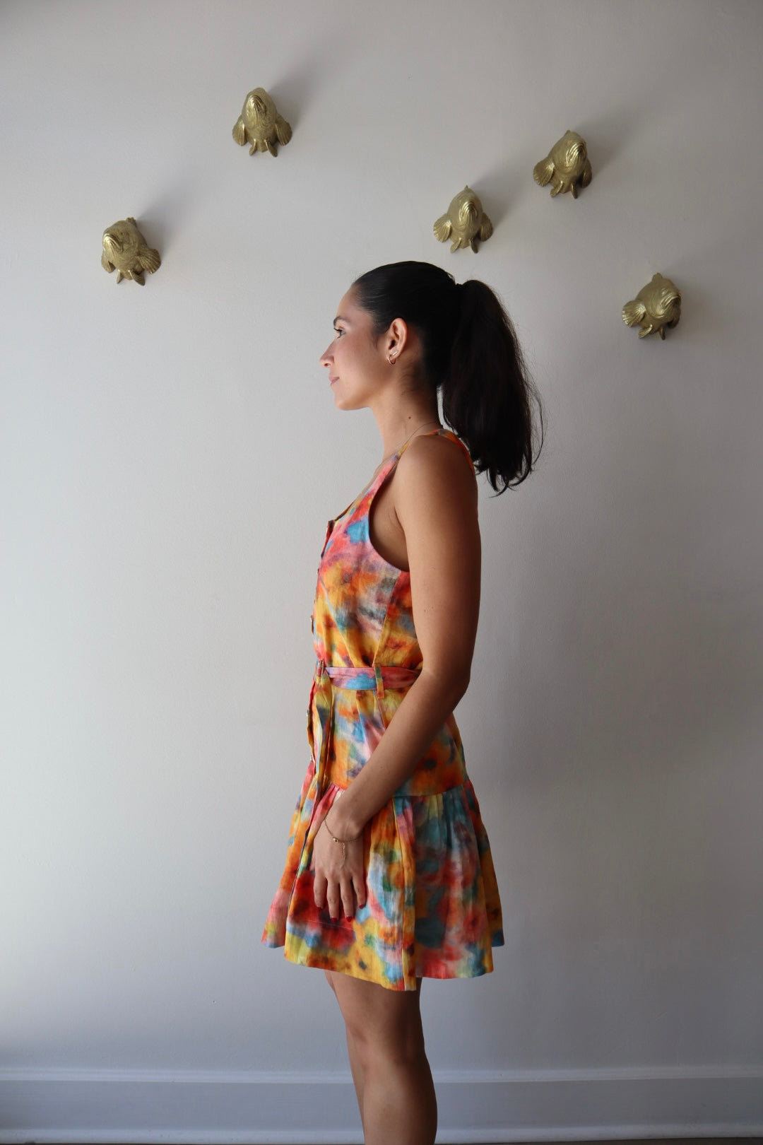 June Print Mini Dress close up side view on model