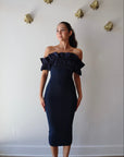Knit Strapless Ruffle Dress full body front view on model