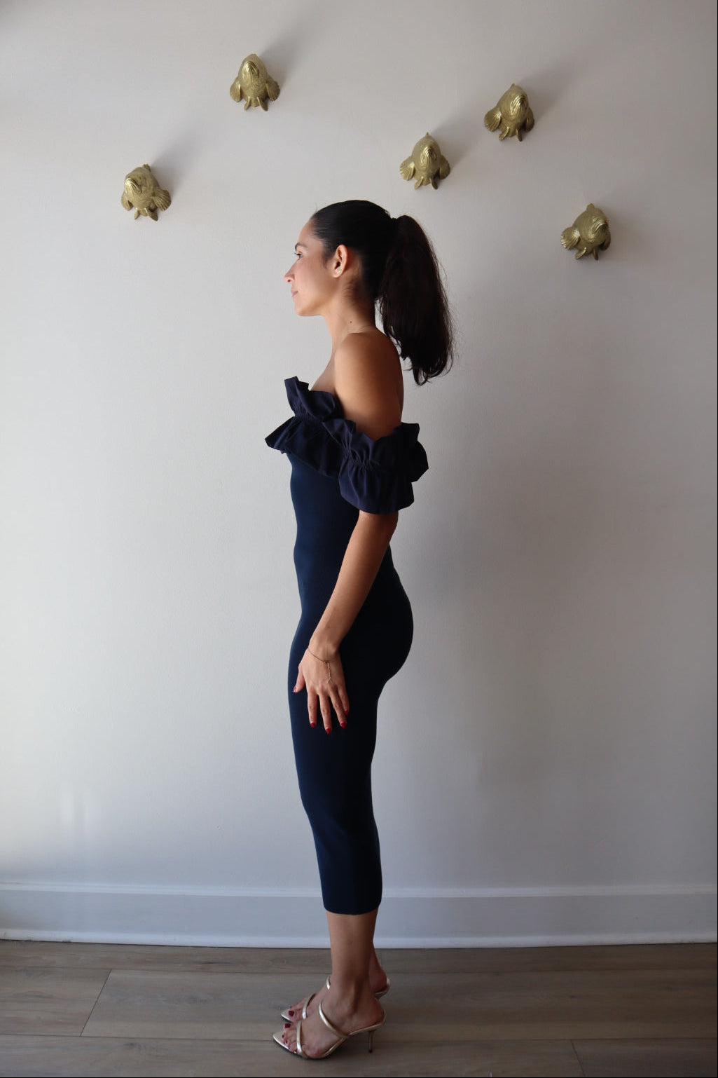 Knit Strapless Ruffle Dress full body side view on model