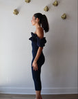 Knit Strapless Ruffle Dress full body side view on model