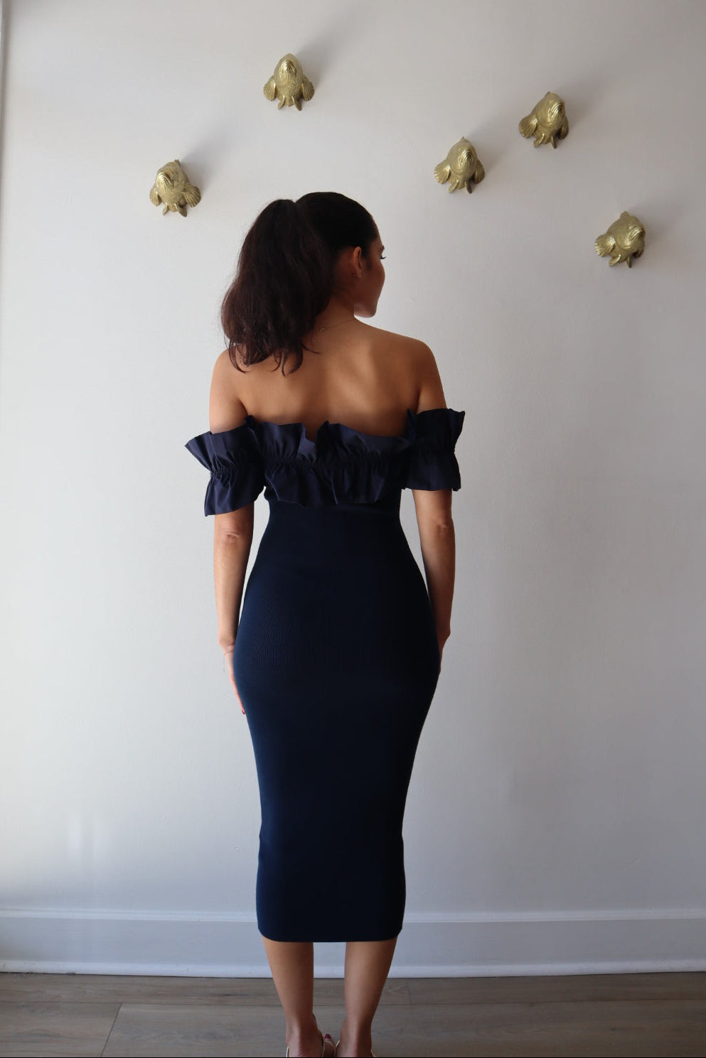 Knit Strapless Ruffle Dress full body back view on model