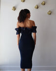 Knit Strapless Ruffle Dress full body back view on model