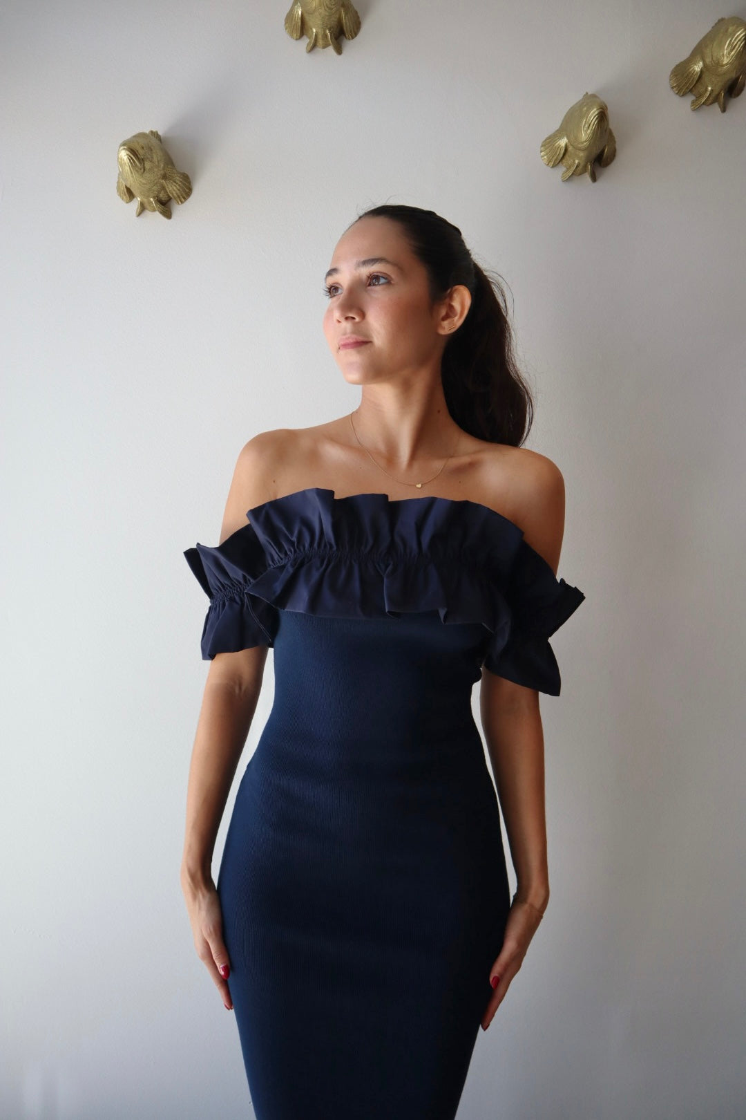 Knit Strapless Ruffle Dress close up front view on model