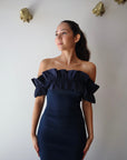 Knit Strapless Ruffle Dress close up front view on model