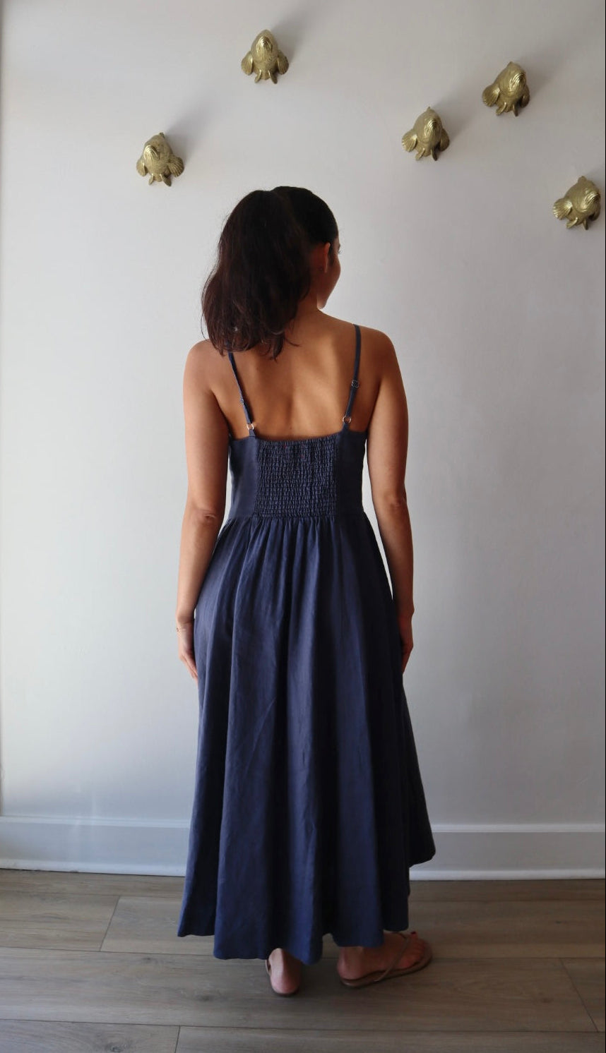 Bardot Dress in Navy full body back view on model