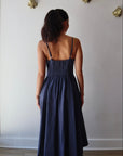 Bardot Dress in Navy full body back view on model