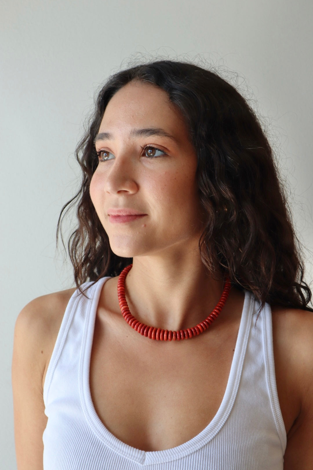 Graduated Coral Gemstone Necklace front view on model