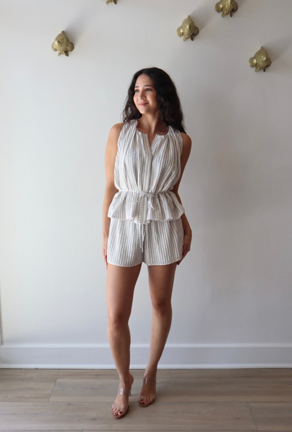 Pierce Top full body front view on model with matching shorts