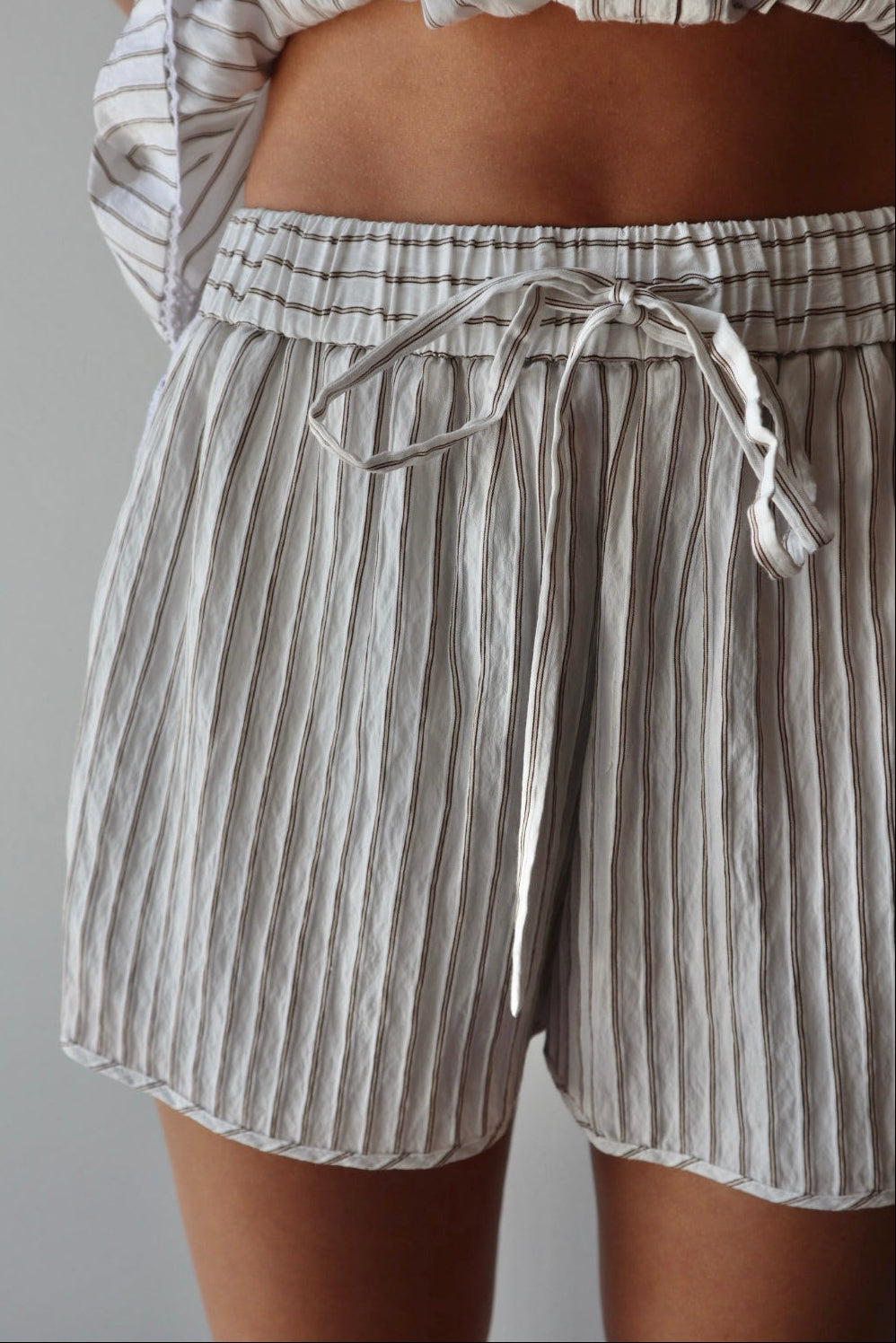 Brixen Stripe Short front view extreme close up on model