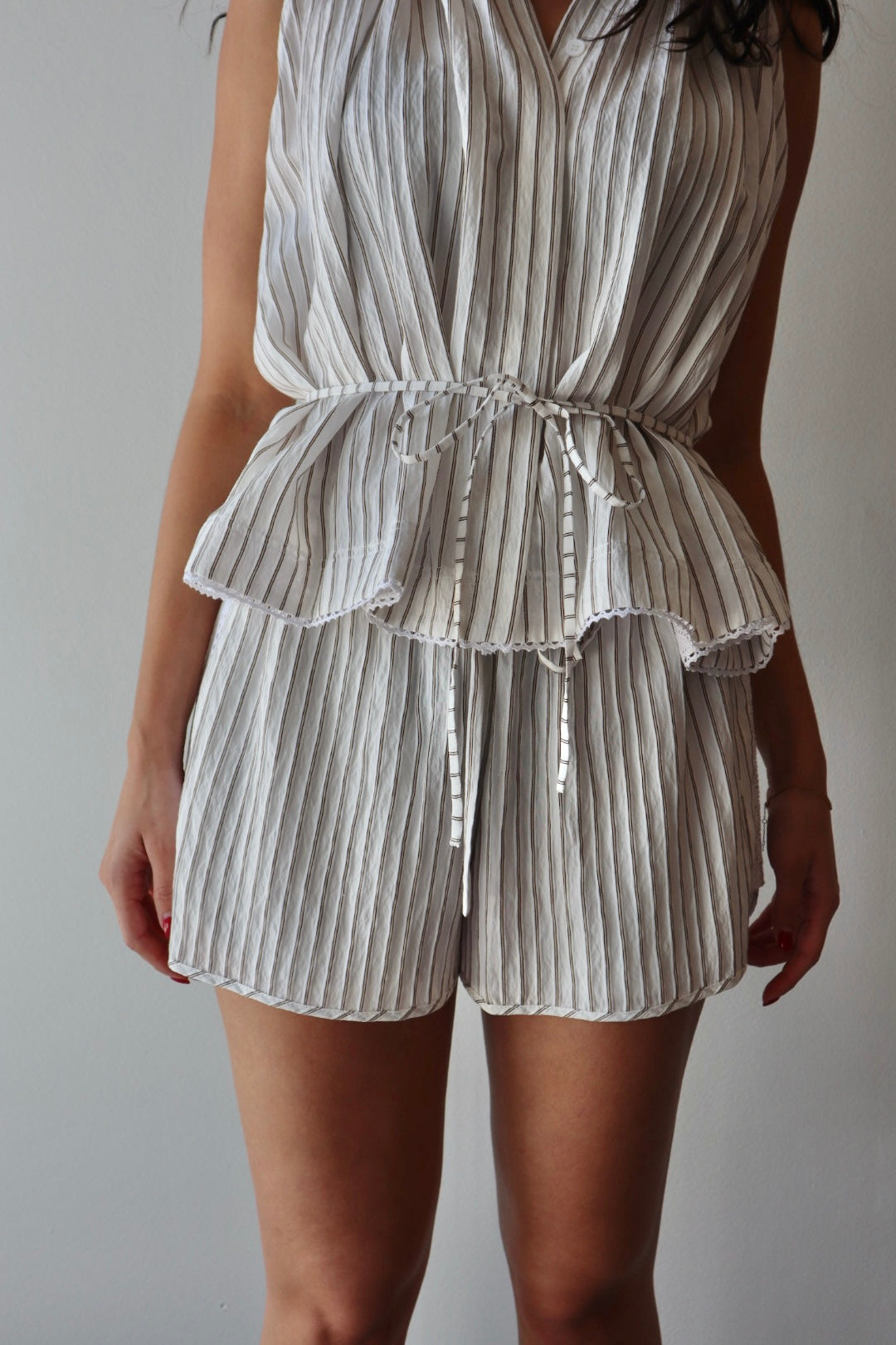 Brixen Stripe Short close up front view on model