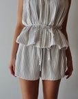 Brixen Stripe Short close up front view on model
