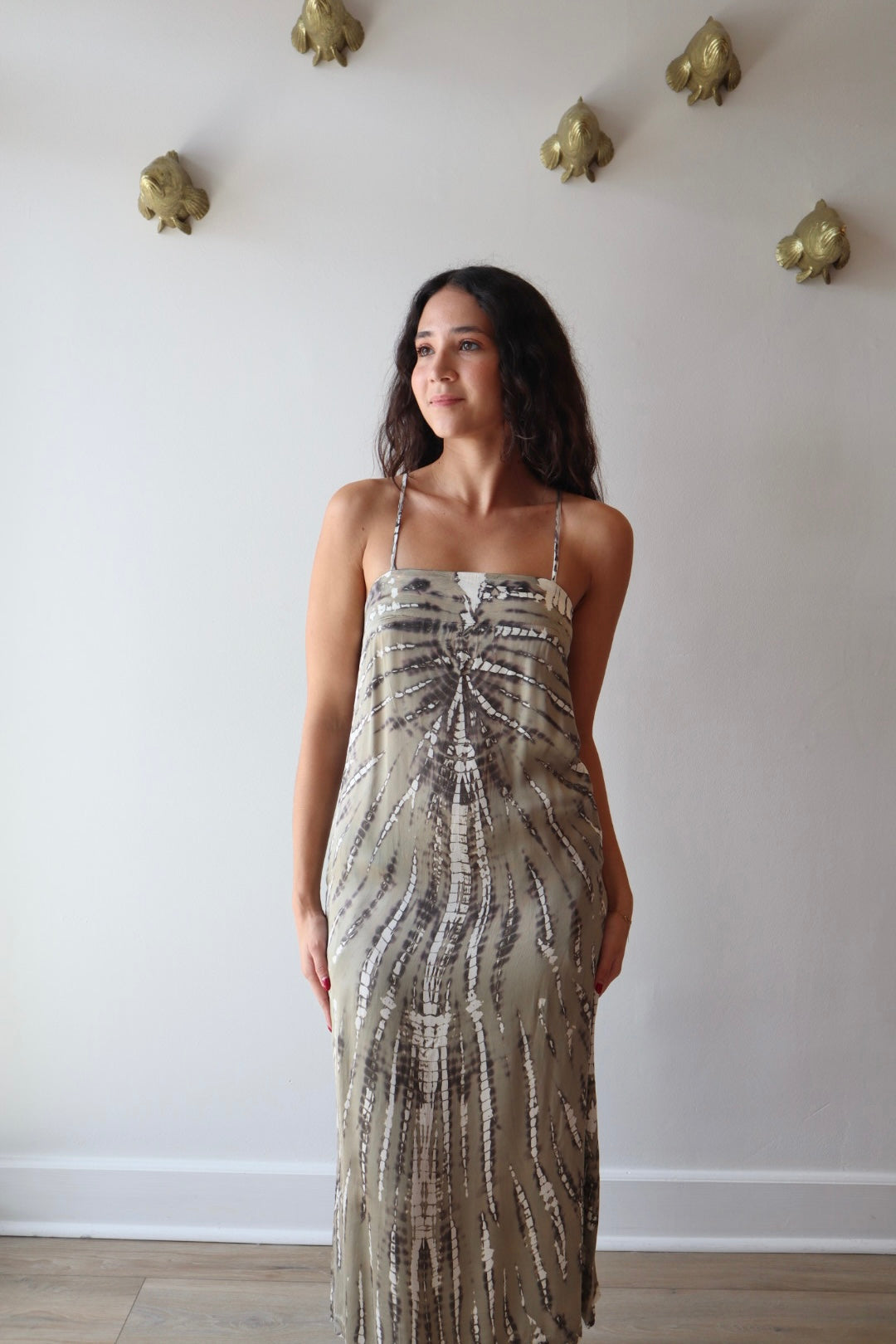 Khana Slip Dress closer up front view on model
