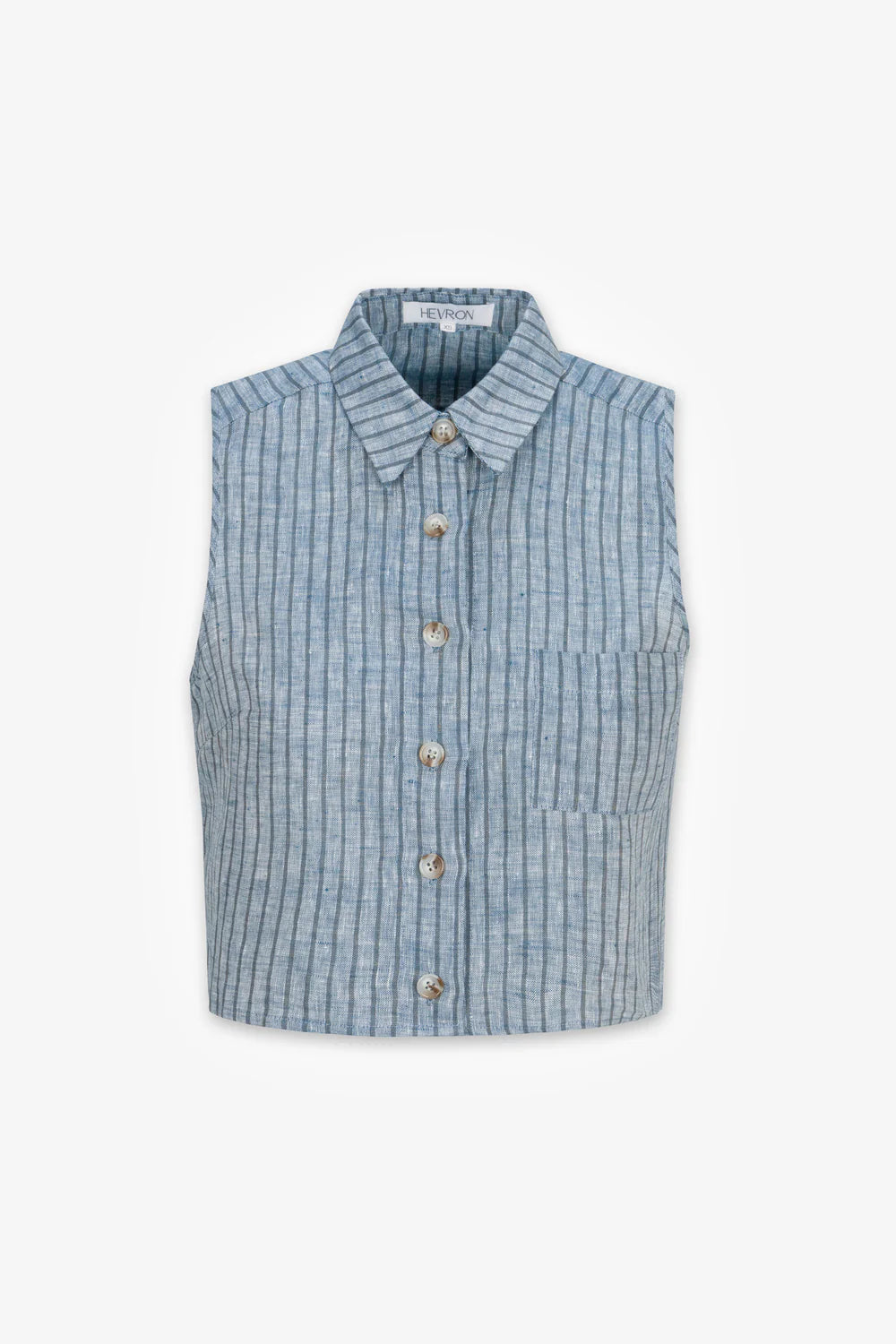 Blue checkered sleeveless shirt with buttons on a white background