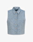 Blue checkered sleeveless shirt with buttons on a white background