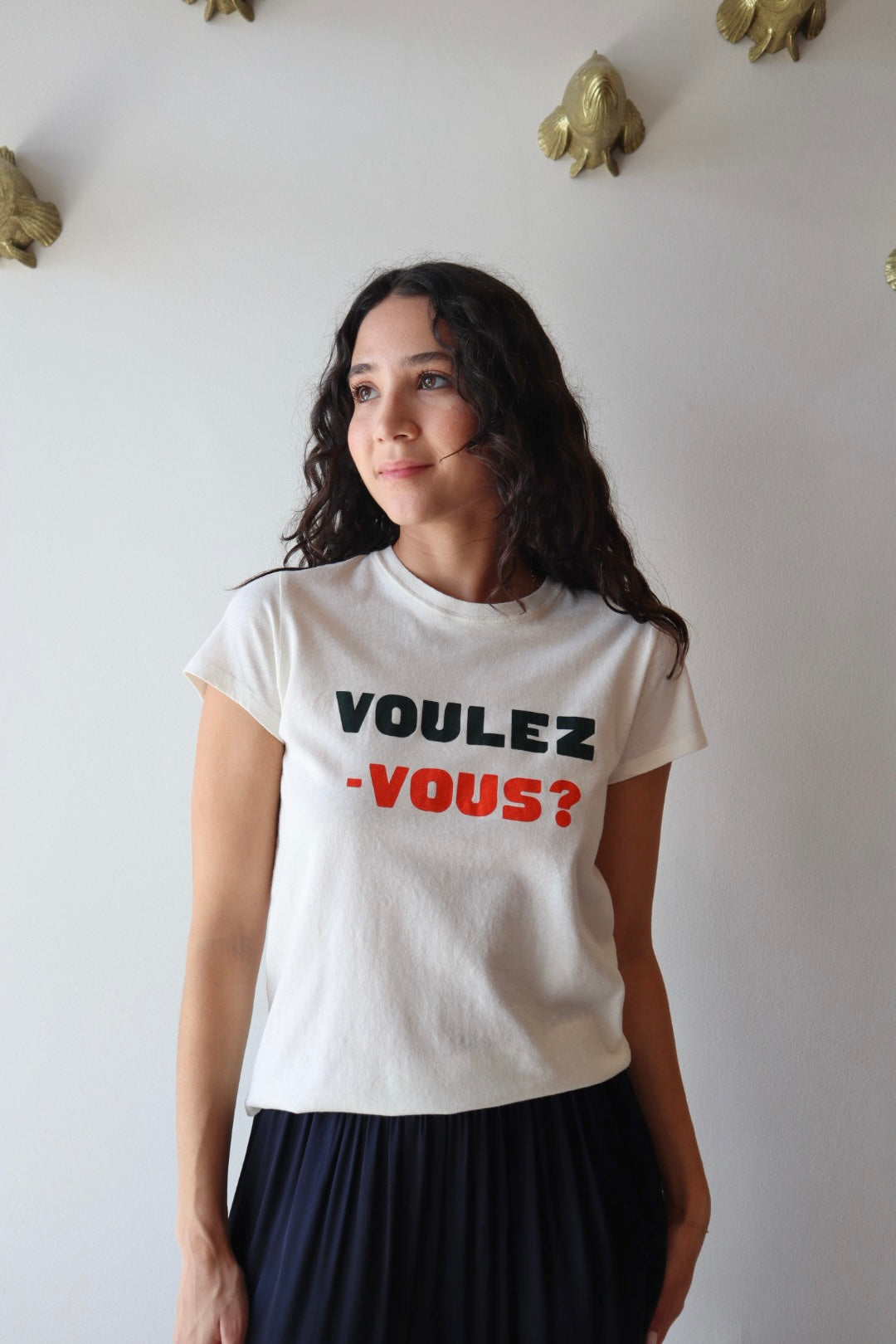 Classic Tee - Voulez-Vous close up front view on model