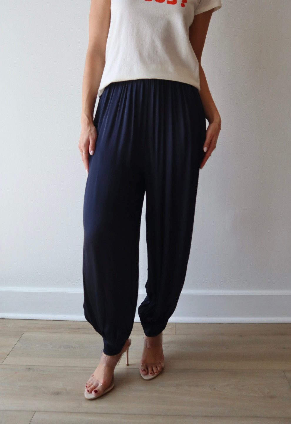 Elidi Harem Pant close up front view on model