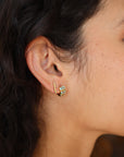 Sunset Huggie Hoops in Aqua close up side and partial back view