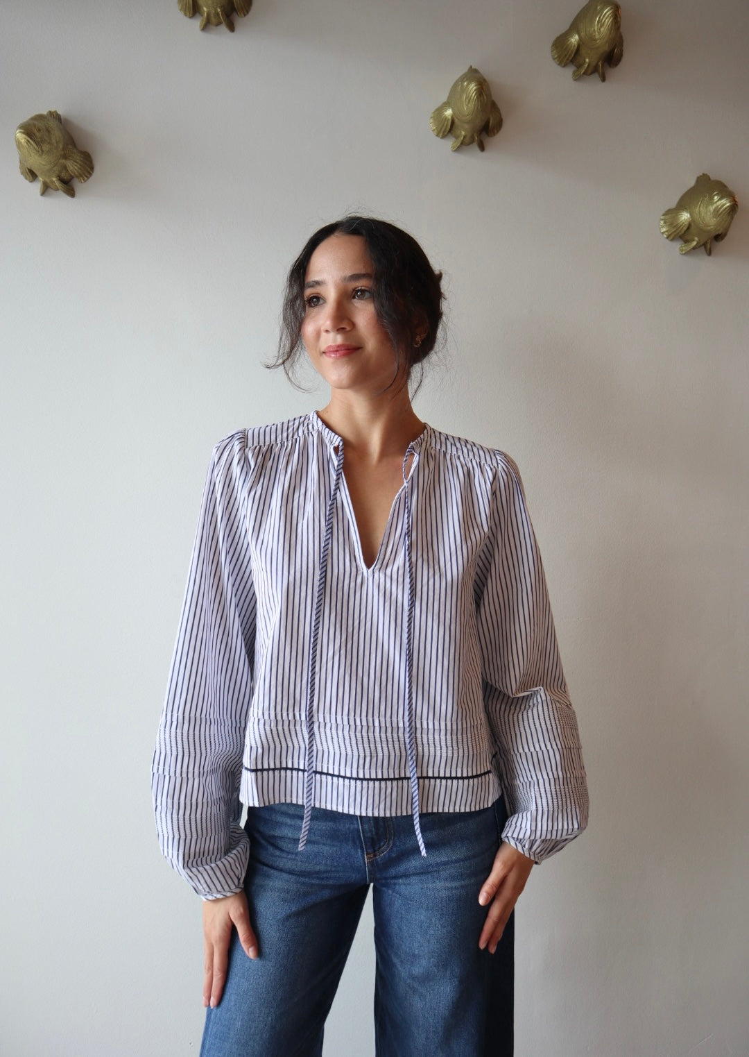 Adelle Top in Stripe front view on model with ties untied