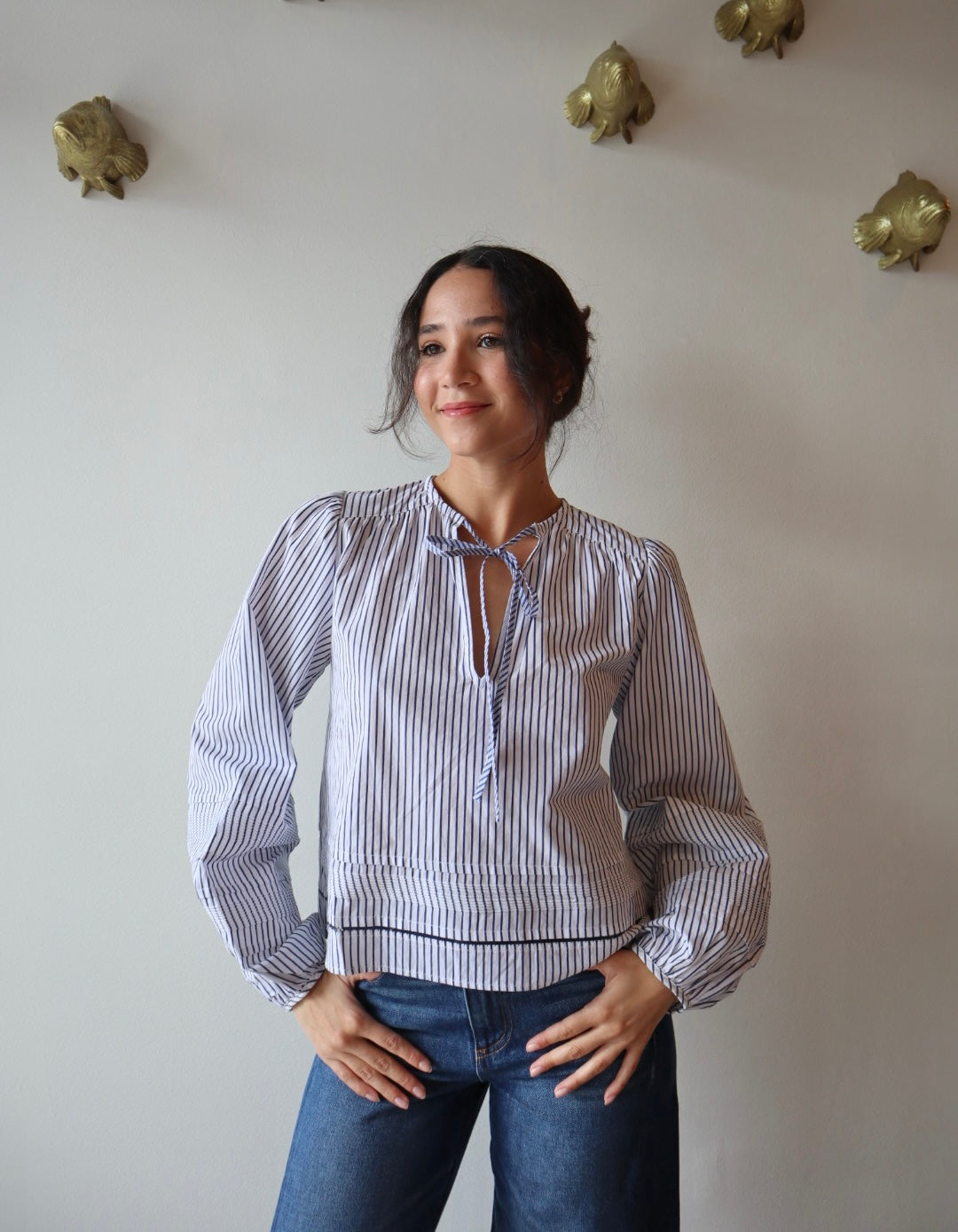 Adelle Top in Stripe front view on model with ties tied together