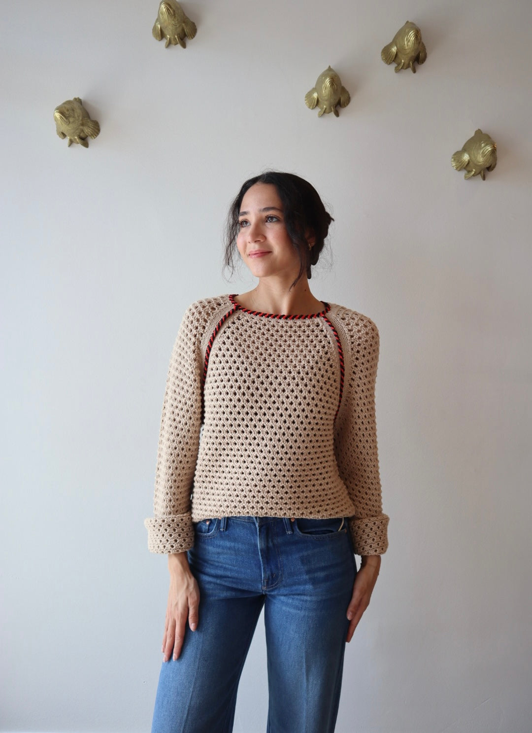 Avra Sweater front view on model with sleeves cuffed