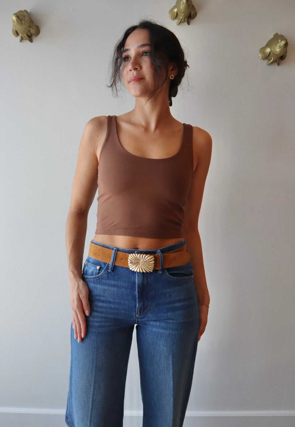 Cosmo Suede Belt farther back front view on model