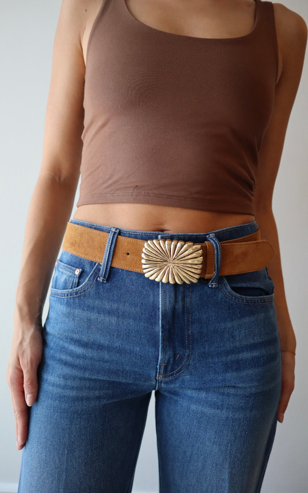 Cosmo Suede Belt close up front view on model