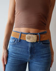 Cosmo Suede Belt close up front view on model