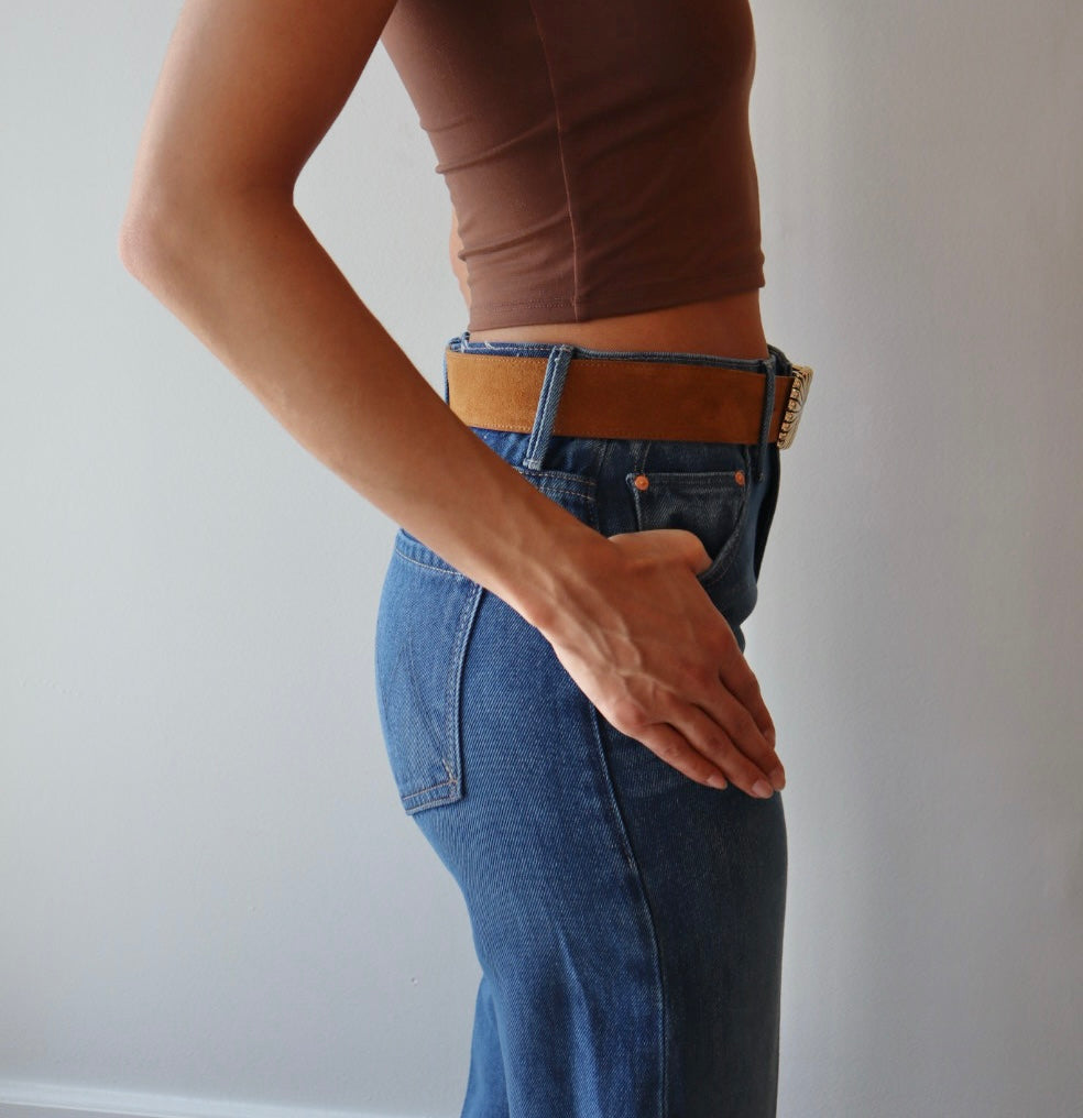 Cosmo Suede Belt side view on model