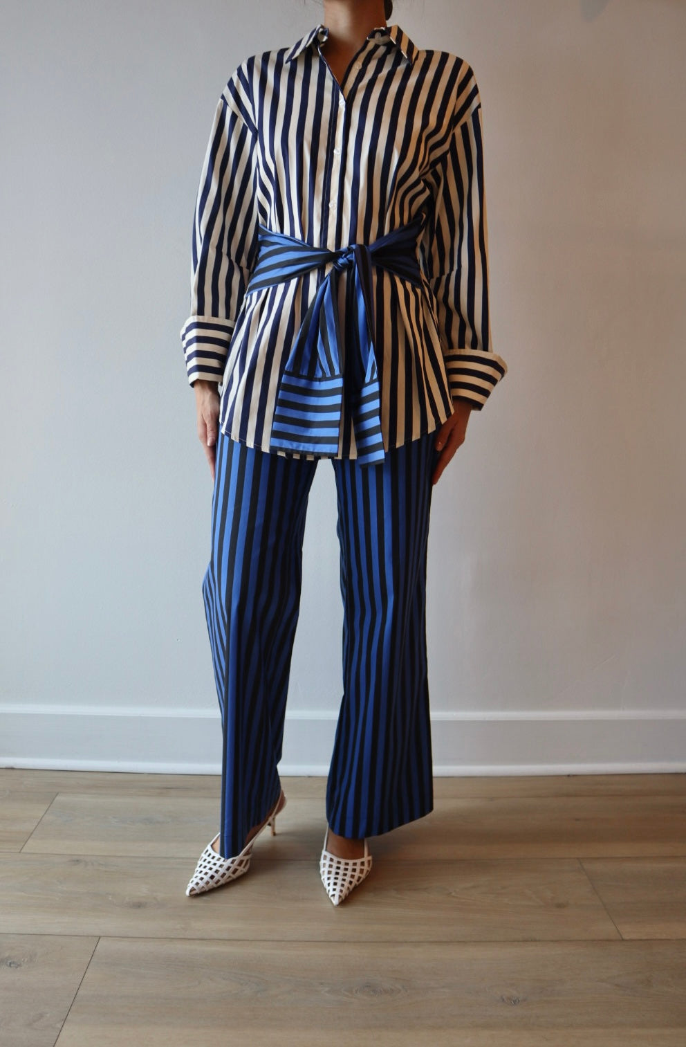Pia Poplin Pant front view on model paired with matching top