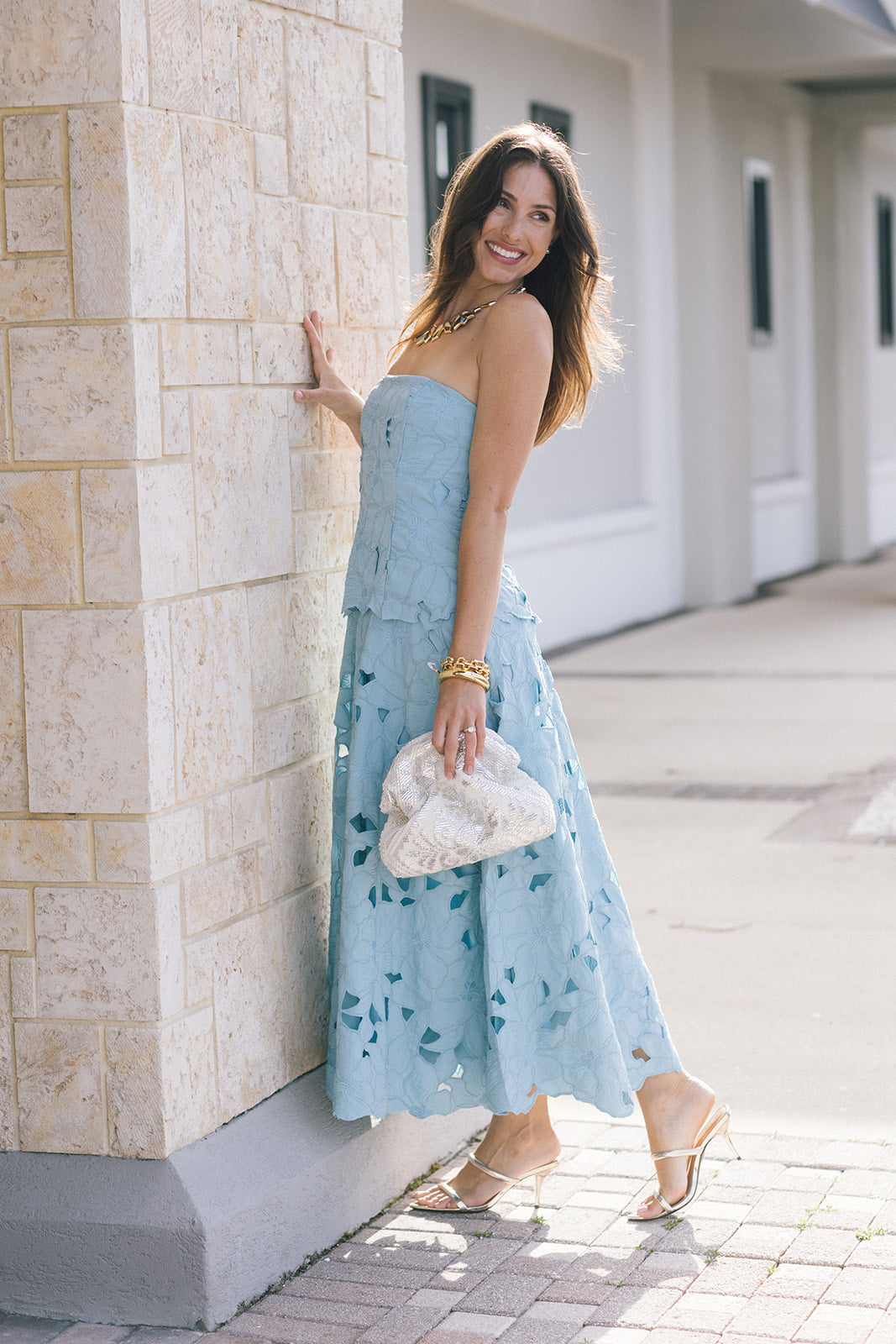 Clarke Dress and Clutch Silver Foil full body view