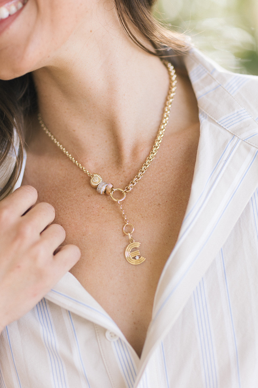 Half &amp; Half Rolo Lariat Necklace with big beads and E charm