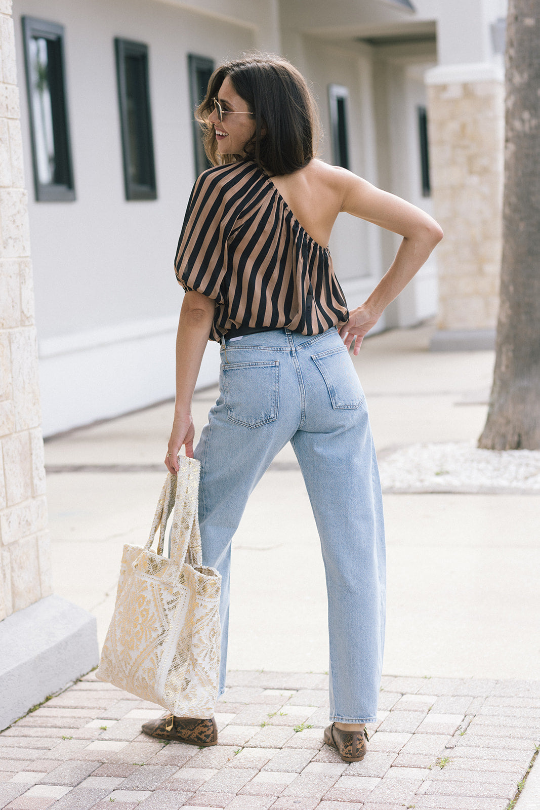 Erin One Shoulder Top and Luna High Rise Pieced Taper (Weightless) full body back